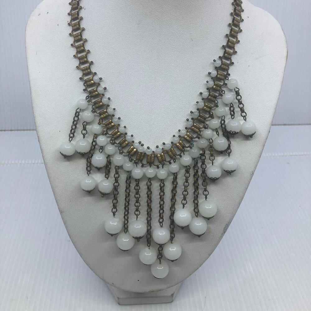 Vtg MIRIAM HASKELL ? fringe Cleopatra book case chain brass glass necklace